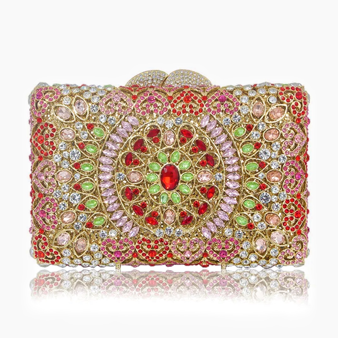 Túi clutch nữ đính đá dạ hội hộp vuông kim loại rỗng phong cách châu Âu — Màu bạc xanh lam, Màu vàng lam, Màu Sâm panh, Màu bạc