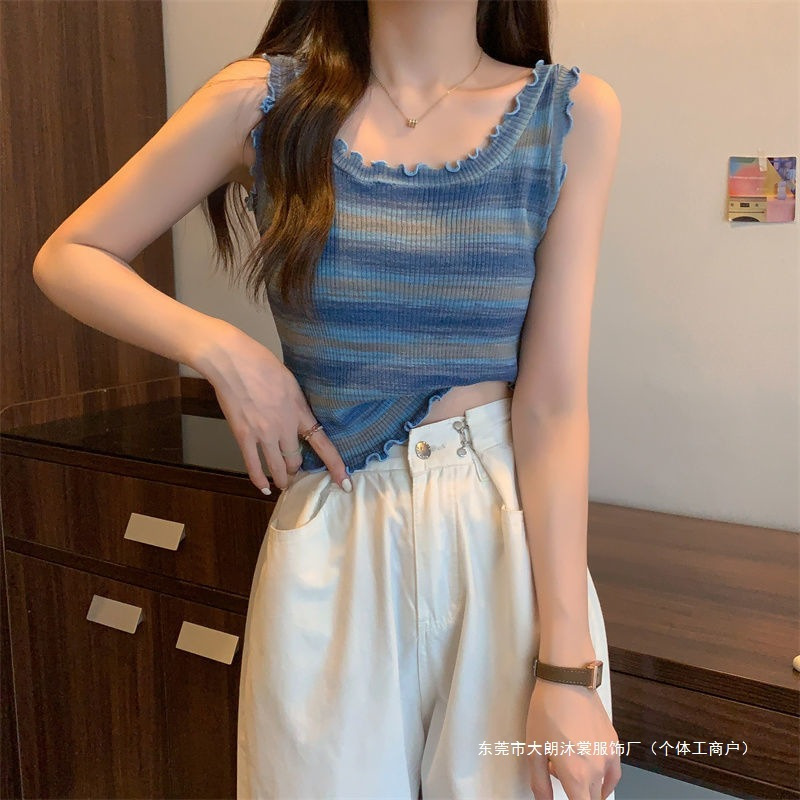 Rainbow-Colored Striped Ruffle Camisole for Women with a Sweet and Spicy Design, Stylish Sleeveless Unique Tank Top