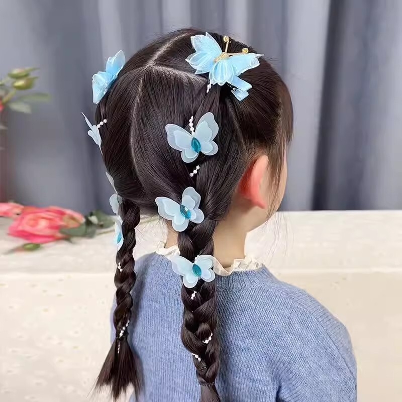 小さな女の子の新しいレトロな子供用バタフライクリップパールチェーン編み込みヘアピンプリンセス妖精ヘッドフラワーヘアバンドヘッドドレス|undefined