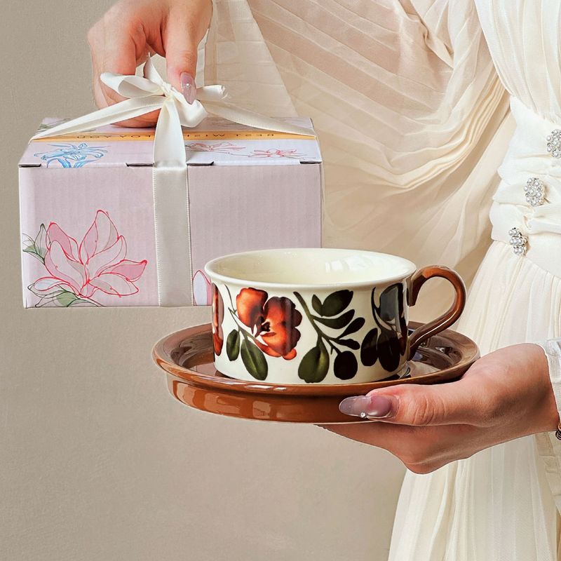 オリジナルブラウンフラワーカップ＆ソーサーコーヒーカップスズランコーヒーカップギフトボックス結婚祝いカップお土産ギフト包装|undefined
