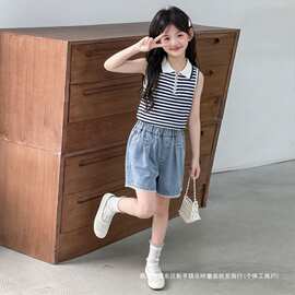 女童无袖套装夏季2026新款儿童洋气polo衫夏装女孩牛仔短裤两件套
