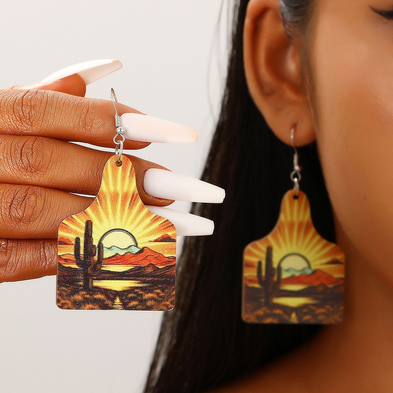 Cappello da cowboy in stile sportivo pastorale occidentale, dipinto di paesaggio di cactus, orecchini in legno acrilico da donna_voghion.com