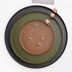 北歐風皮革提手圓形托盤 化妝品零食雜物收納置物盤 皮革金屬圓盤