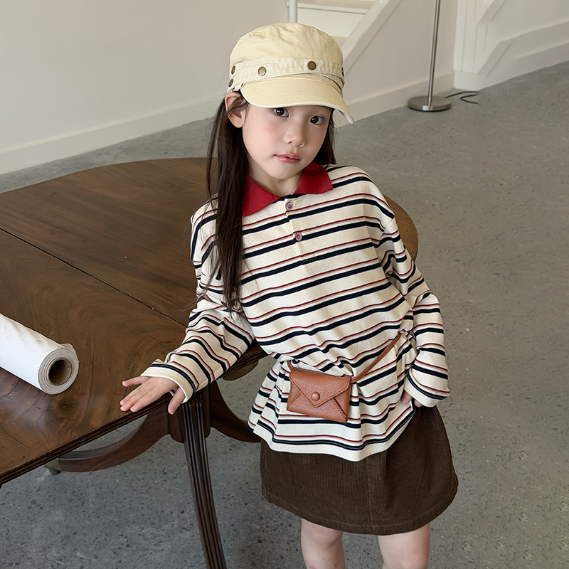 Aimo Beibei Girls' Korean-style College Retro Color-Block Striped Polo Shirt Daily Campus Casual Long-Sleeve Top