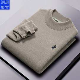 男士冬季加绒加厚半高领刺绣雪尼尔加绒毛衣中年套头雪貂绒针织衫