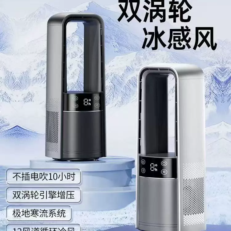跨境新品双涡轮冰感风扇 智能数显无叶电风扇USB家用卧室落地风扇