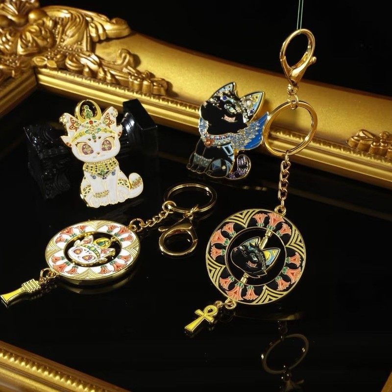 上海书展埃及创意磁吸金属冰箱贴定制黑白猫旋转金属钥匙扣挂件|undefined