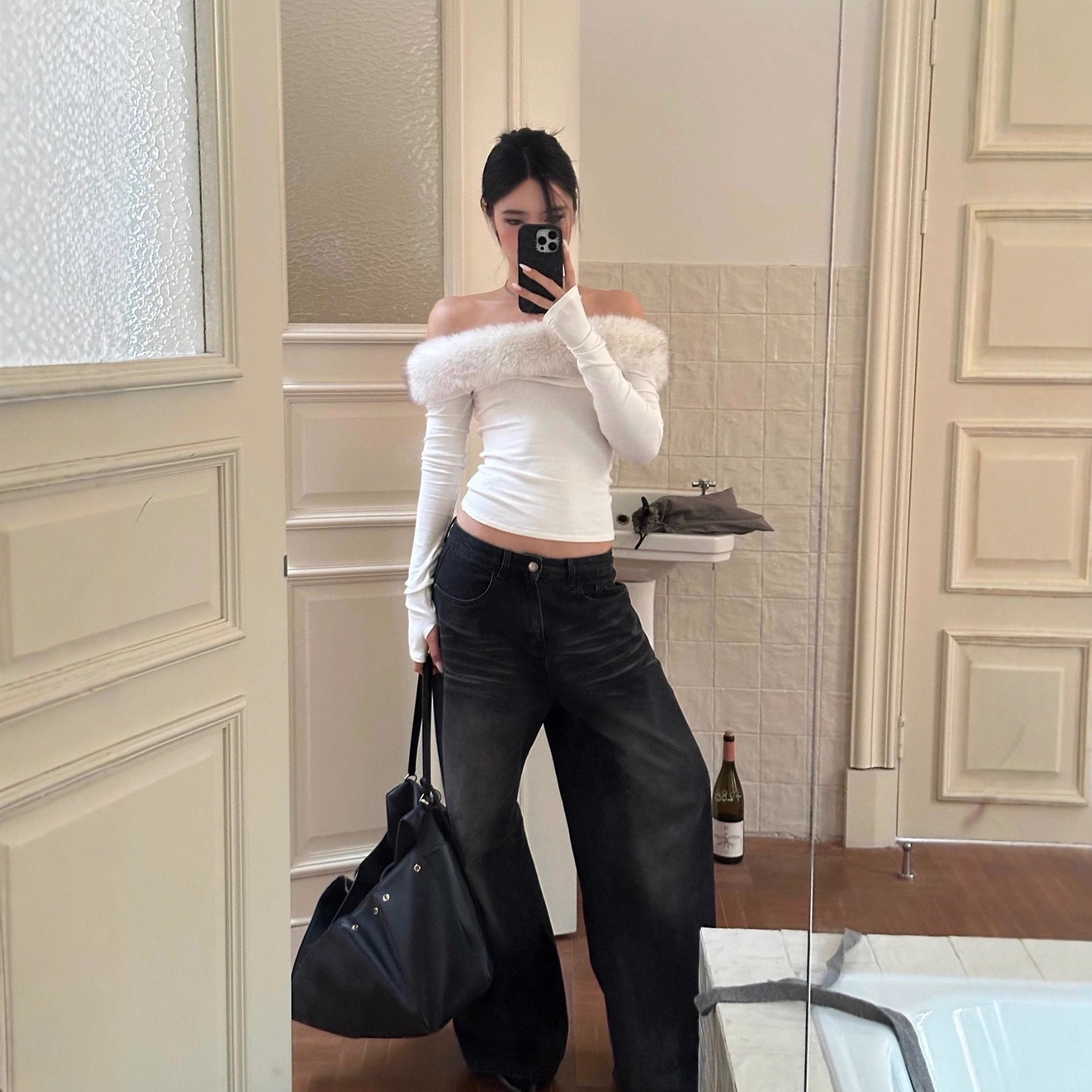 Unique Design Shibuya Fur Collar Off-Shoulder Long-Sleeve Slim Fit Tube Top Spicy Girl Top