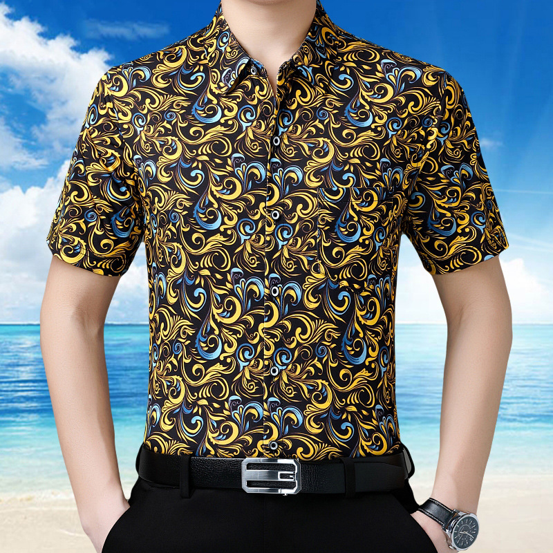 Summer Short-Sleeved Shirts for Men, Drapey, Iron-Free Printed Shirts, Seaside Vacation Hawaiian Flower Clothes, Summer Men's Fashion