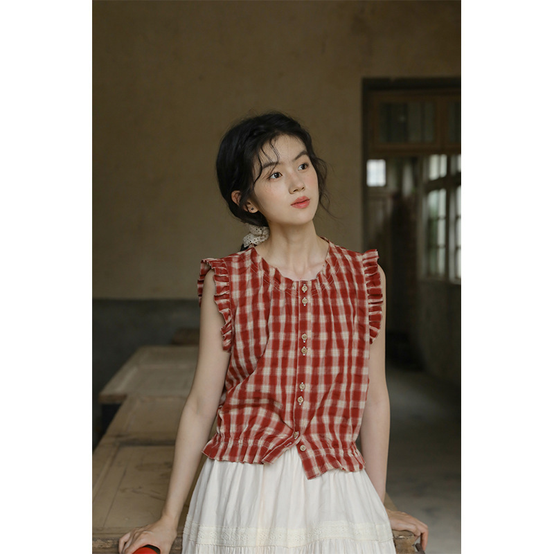 Nesoulum Red Plaid Sleeveless Shirt for Women Summer Retro Small Flying Sleeves Ear-Hem Design Top