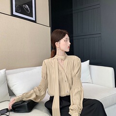 古金色领衬衫女秋季新款丝带设计感时尚长袖衬衣黑色其他