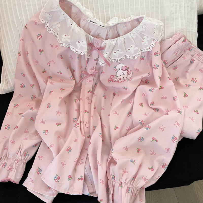 少女甜美小兔印花长袖睡衣女款春秋款新款大码家居服娃娃领两件套|undefined