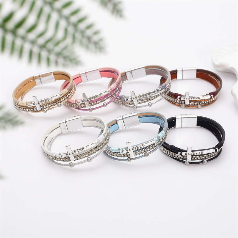 Hot-Selling Bohemian Style Engraved Blessed Cross Hand-Woven Bracelet with Light Luxury Diamond-Encrusted Magnetic Clasp Hot-Selling Bohemian Style Engraved Blessed Cross Hand-Woven Bracelet with Light Luxury Diamond-Encrusted Magnetic Clasp