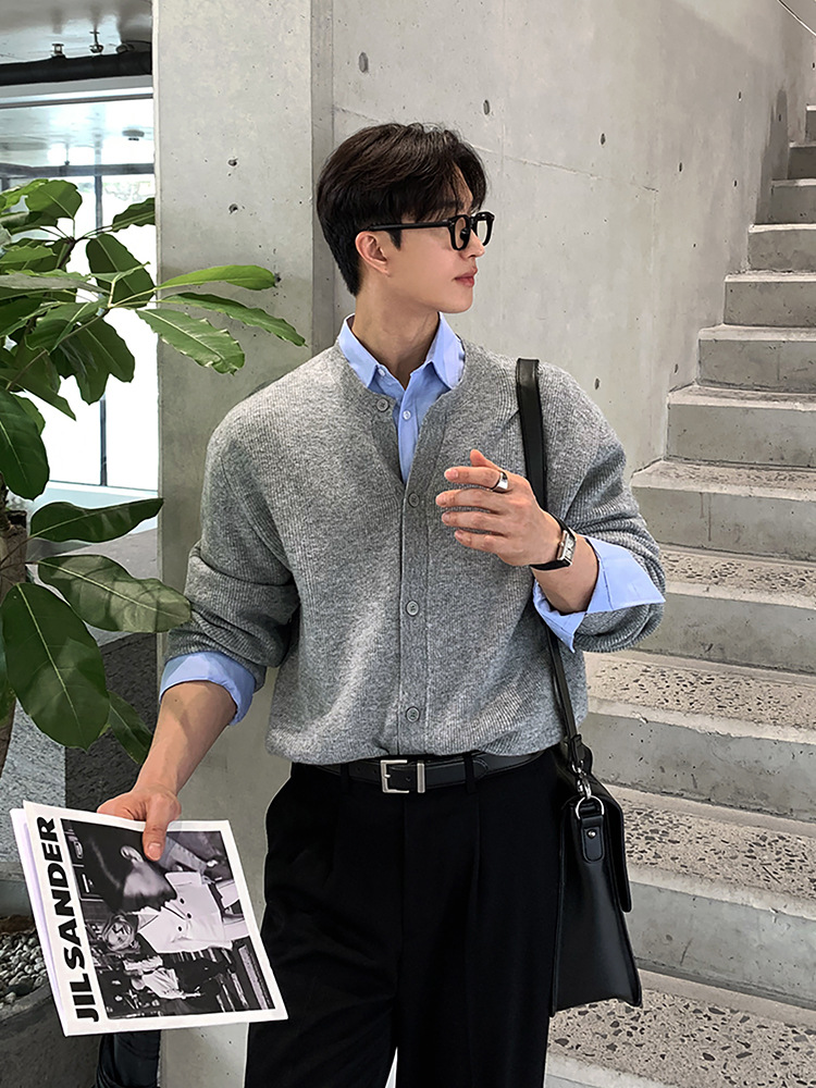 ASCLO新型高級感百合軽熟ニット韓国版ファッションカジュアルカーディガン丸首セーターコート男