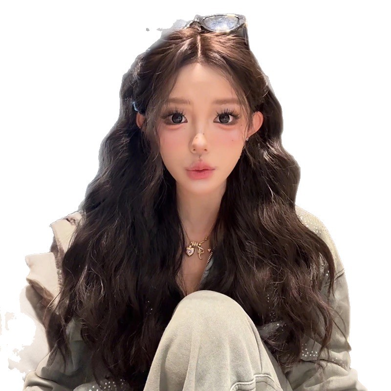 [Piruca fina · Antilope] encaje de frente diario té negro lana rizada larga sensación de atmósfera peluca natural mujer