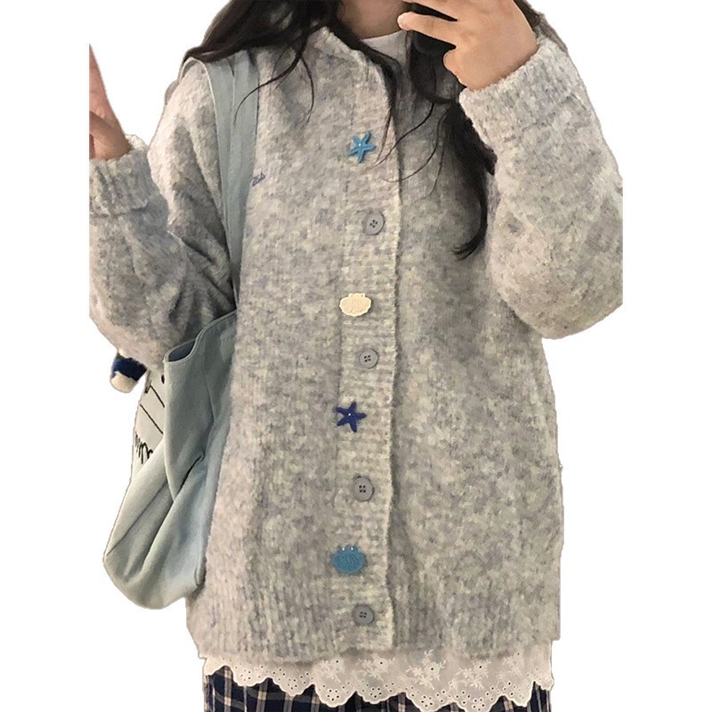 早秋2025新款春秋灰色连帽针织开衫毛衣外套女秋季宽松韩系慵懒风|undefined