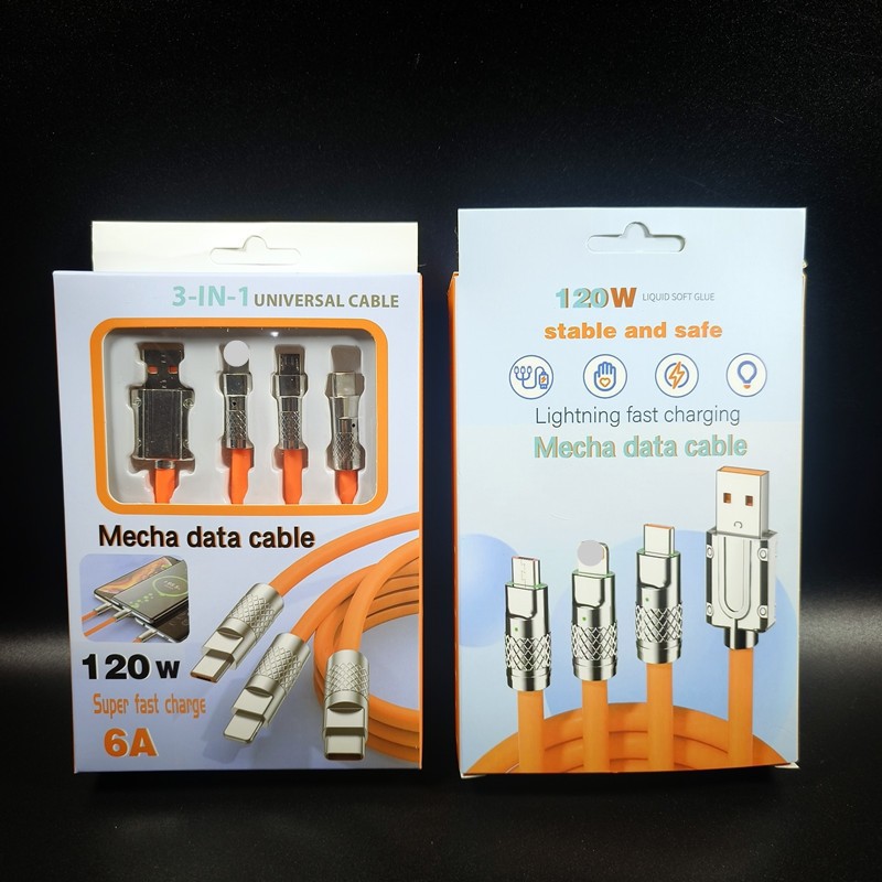 Embalaje de cable de carga cuatro en uno, caja de color, carga rápida de cuero, dos tracks, dos mecha, línea de datos amarilla, juego de caja de blíster