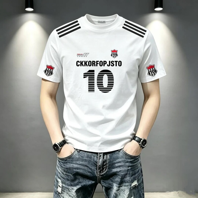 2026 New Men's Football Print Round Neck Short-Sleeved T-Shirt Trendy Versatile High-End Top Short-Sleeved T-Shirt