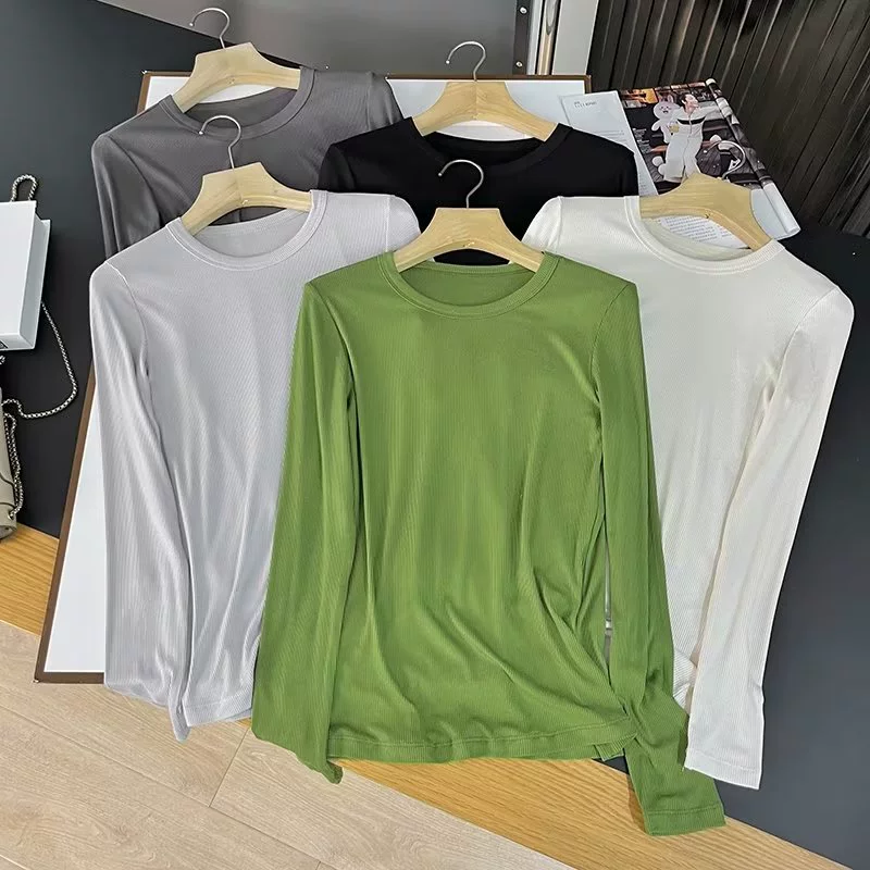 2023 осенняя женская сплошной цвет с круглым вырезом простой нижний свитер тонкая эластичная тонкая трикотажная футболка с длинными рукавами 462128