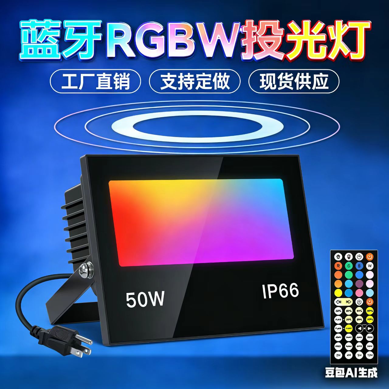 50W Rgbw Floodlight with Infrared Remote Control, Full-Color Dimming, Outdoor Waterproof Engineering Lighting Led Floodlight
