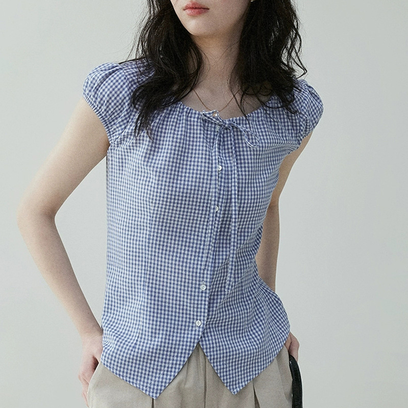 Mustard Pie Vooe French Retro Contrast Color Plaid Drawstring Shirt Women's Summer New Age-Reducing Short-Sleeved Top