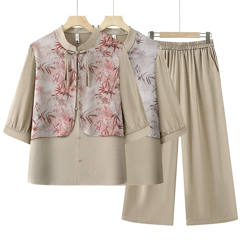 Мамин летний новый костюм из искусственного шелка в китайском стиле, повседневный женский костюм из двух предметов среднего и пожилого возраста