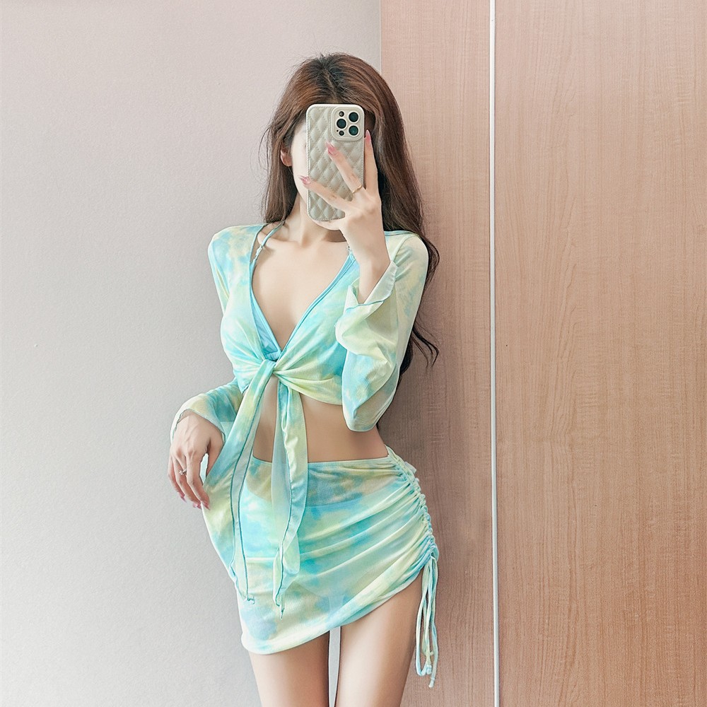 Spa Resort Bikini Swimwear Women 2025 New Style Shibori Four-Piece Set Fresh and Pure Desire Sexy Swimwear 