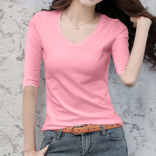 Stylish V-neck top for women, seven-quarter sleeve, tight-fitting, five-quarter sleeve, plus-size T-shirt, half-sleeve blue T-shirt for ladies, middle sleeve