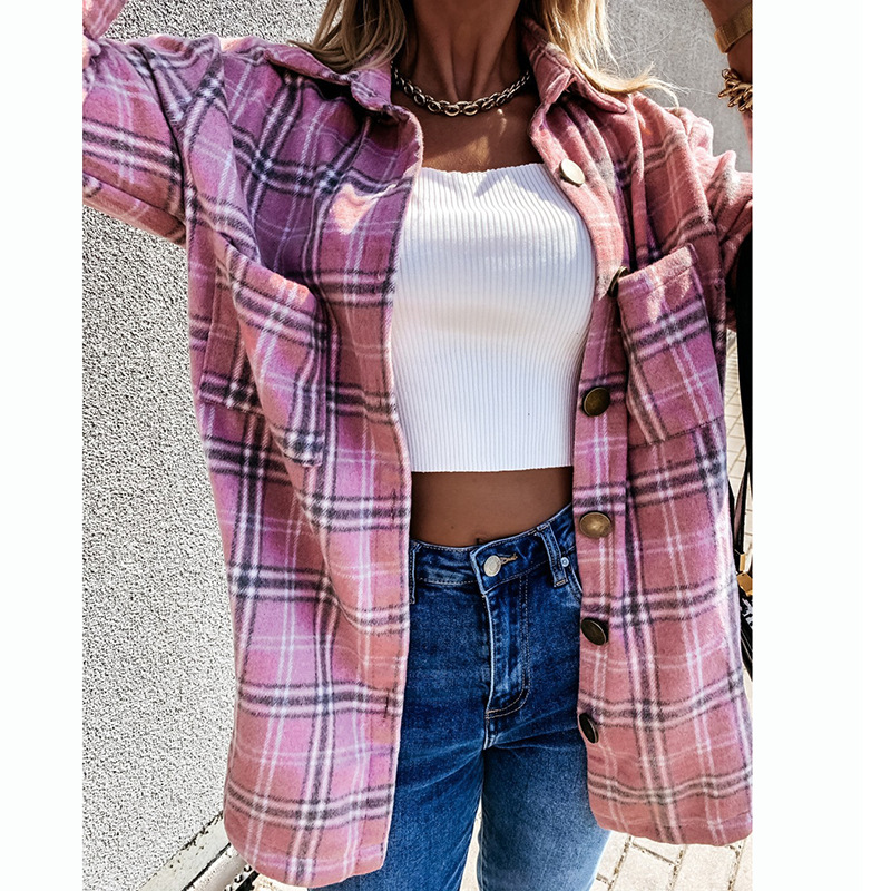 Plaid Brushed Woolen Cardigan Shirt Jacket in Coats & Jackets