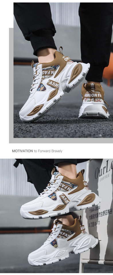 Giày sneaker nam cổ lửng đế dày tăng chiều cao, phối màu, dây buộc, cỡ lớn — Trắng kaki, Trắng xanh, Táo đỏ trắng chi tiết 11