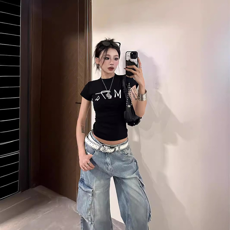 [40 210g combed 95% cotton + 5% spandex back collar] slim fit slim shoulder short sleeve T-shirt women's summer black