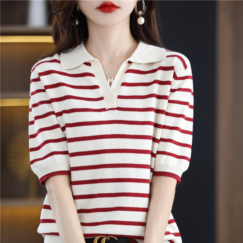 POLO Collar Cotton Short-sleeved T-shirt Women's Summer New Loose Slim-fit Sweater Sweet-style Short Western-style Top