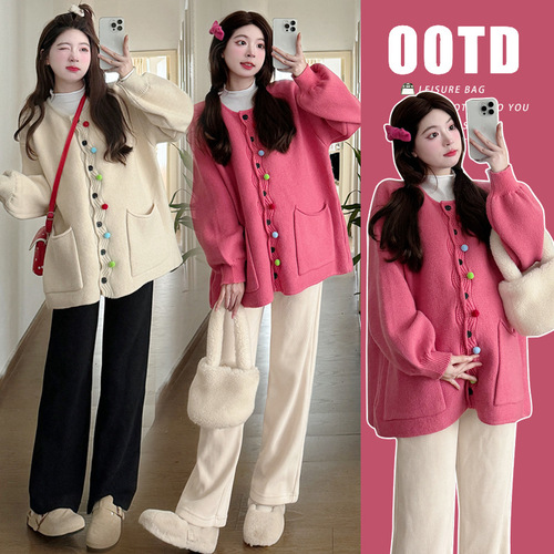 Pregnant women's autumn and winter new loose and thick candy-colored sweater coat base pants trendy mom three-piece set
