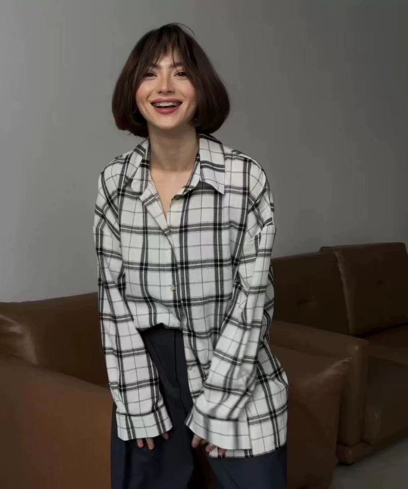 เสื้อแขนยาวฤดูใบไม้ร่วงย้อนยุค ลายตาราง หลายสี ไซส์ S–XL