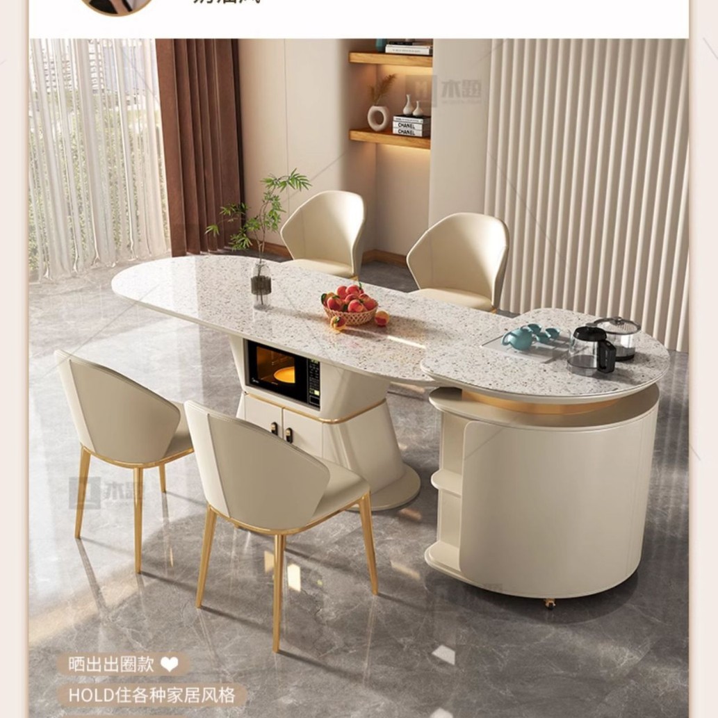 Mesa de mesa de mesa de isla de roca, horno de microondas doméstico móvil integrado, cocina de inducción, mesa de té multifuncional minimalista moderna de lujo ligero
