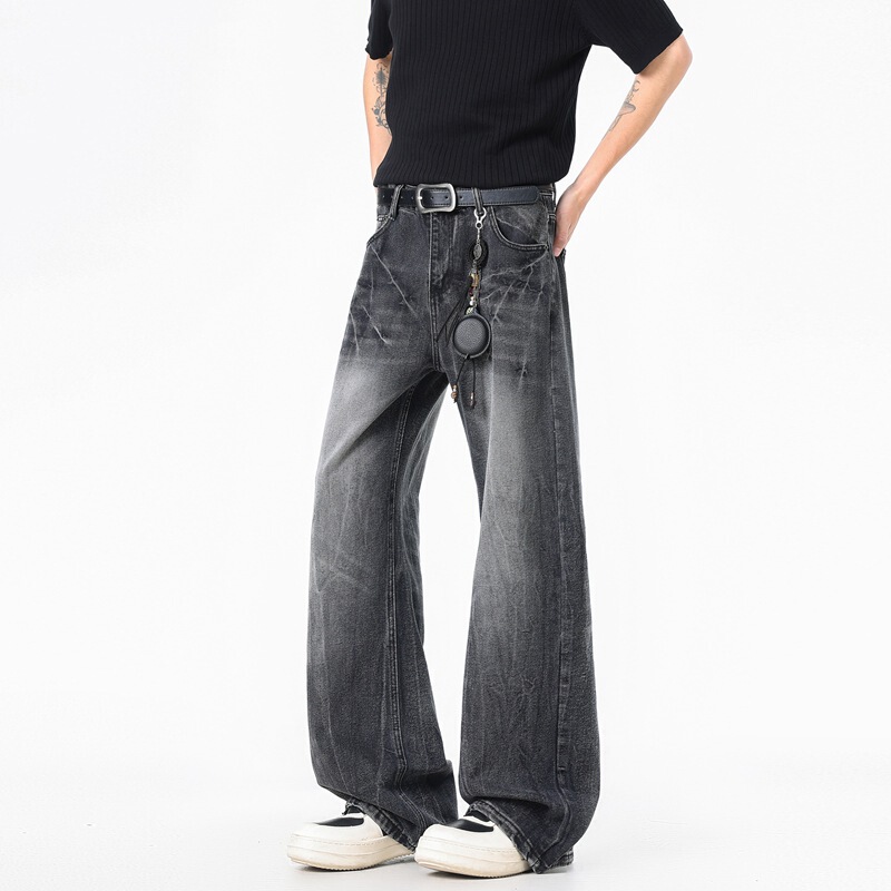 American-Style Flared Jeans for Men, Cleanfit, Simple Lightning-Pattern Design, Loose Straight-Leg, Drapey, Floor-Length Pants American-Style Flared Jeans for Men, Cleanfit, Simple Lightning-Pattern Design, Loose Straight-Leg, Drapey, Floor-Length Pants