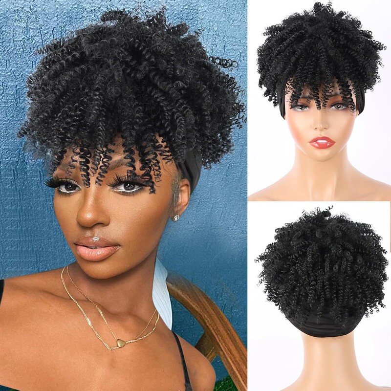 Amazon新品アフリカレディース小さいカール前髪一体ヘアバンドターバンかつら化学繊維かつらヘッドカバー|undefined