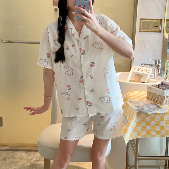 睡衣女夏季梭织泡泡棉皱布ins公主风可爱短袖夏天薄款家居服套装|undefined