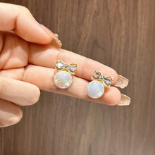 S925银针韩国彩色珍珠蝴蝶结耳环女气质高级设计感小众耳钉耳饰品