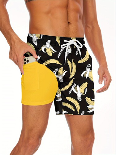 men's Shark Pattern 2 In 1 Board Shorts With Drawstring And