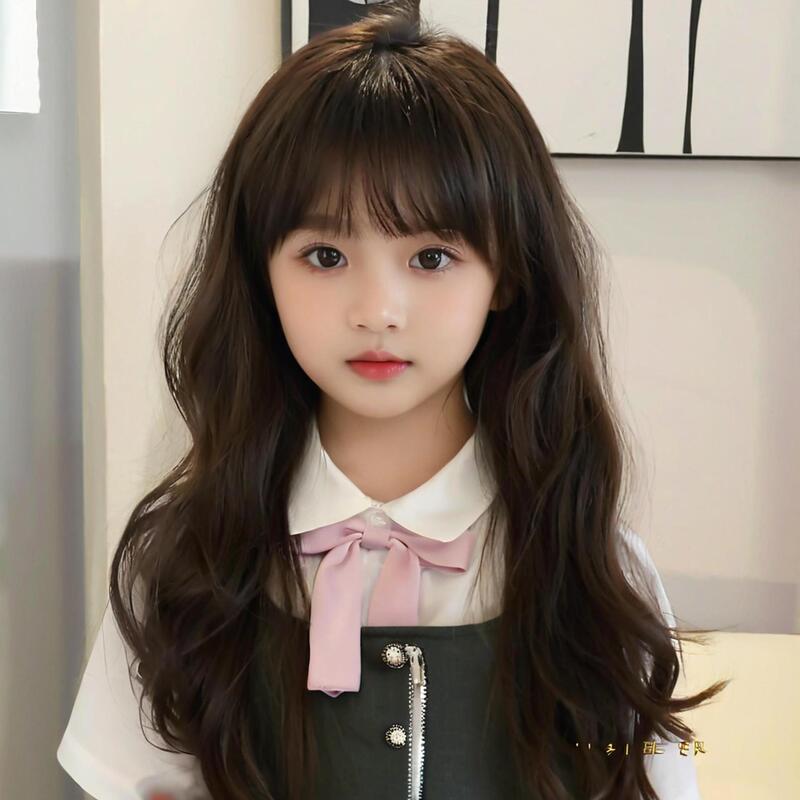 Trendy Children's Long Curly Hair with Bangs Synthetic Wig Baby Hair Realistic Wig Full Head Wig Children's Wig Set