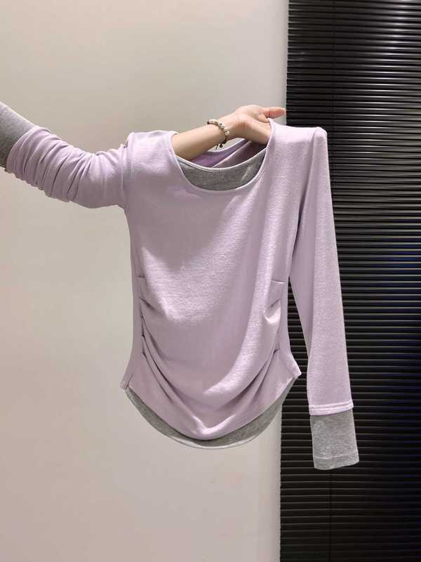 辣妹收腰假两件上衣女装2025早秋新款修身短款长袖t恤内搭打底衫|undefined