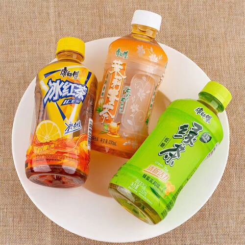 Master Kong Iced Black Tea and Green Tea Beverage 330ml x 12 Mini Bottles, Mini Peach Oolong Orange Juice Beverage, Full Carton