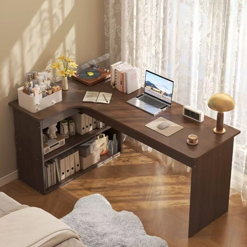 Solid wood corner desk with bookcase, integrated table for bedroom, home use, student dressing table, L-shaped corner computer desk for office