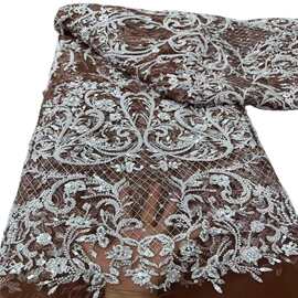 重工精致外贸欧式珠管亮片绣婚纱面料晚礼服时装绣花布料批发lace