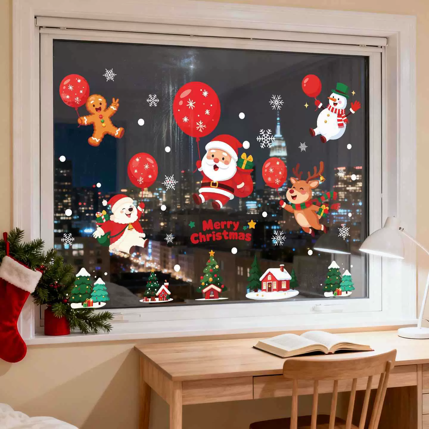 新款圣诞静电贴橱窗玻璃贴姜饼人圣诞贴纸氛围布置圣诞老人气球