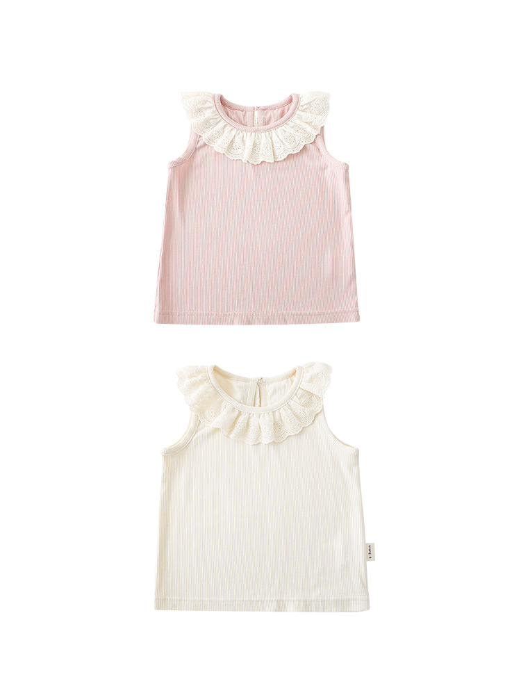 Qiududo muchachas lindas de encaje escote color sólido chaleco verano nuevos niños ropa estilo coreano del bebé delgada superior
