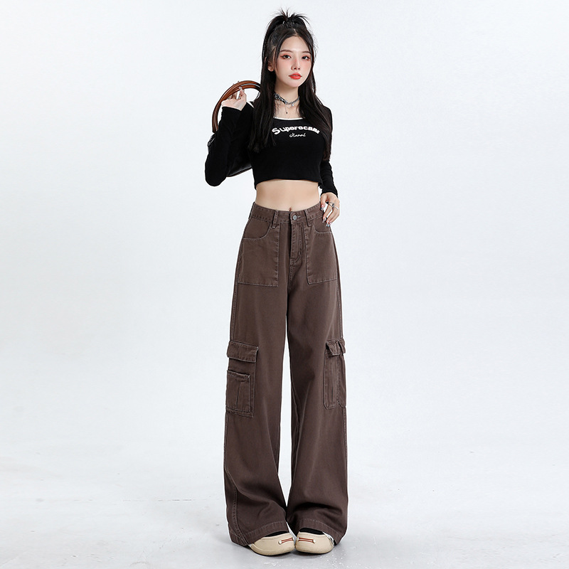 秋季新款工装牛仔裤女美式高街辣妹设计感口袋宽松显瘦拖地阔腿裤|undefined