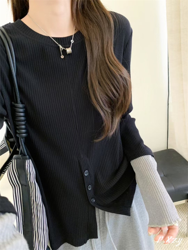 009 秋季新款慵懒风坑条纯色上衣薄棉长袖撞色打底衫女士弹力T恤|undefined