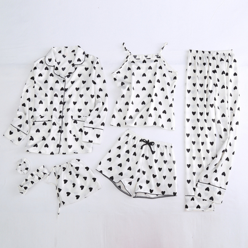 Entrega de una pieza nueva flor de siete piezas pijamas de manga larga de primavera de las mujeres de seda-como sexy homewear traje pijamas